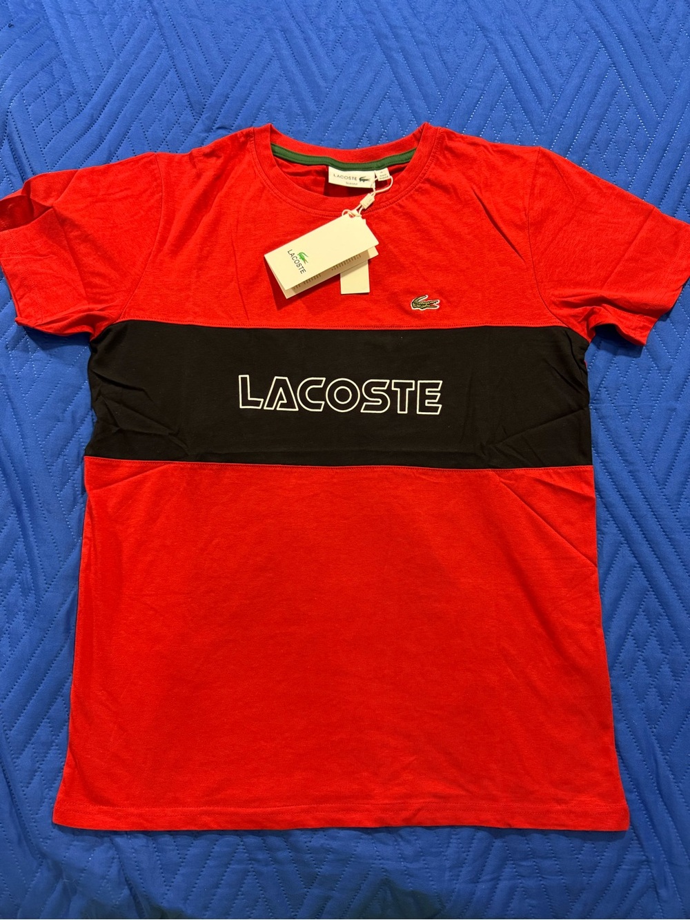 Lacoste Red Short Sleeve Tee with Black Chest Panel & Logo